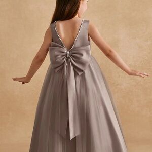 Azazie Taupe Satin & Tulle Kids Dress with Bow, Size 4